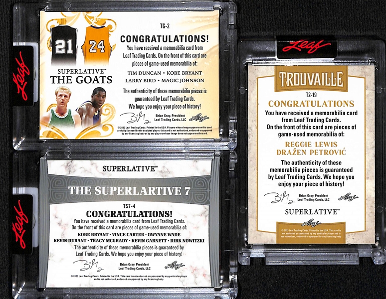 Lot of (3) 2023 Leaf Superlative Basketball Multi Player Patch Cards inc. Duncan/Bryant/Bird/Johnson Quad (#/9), +